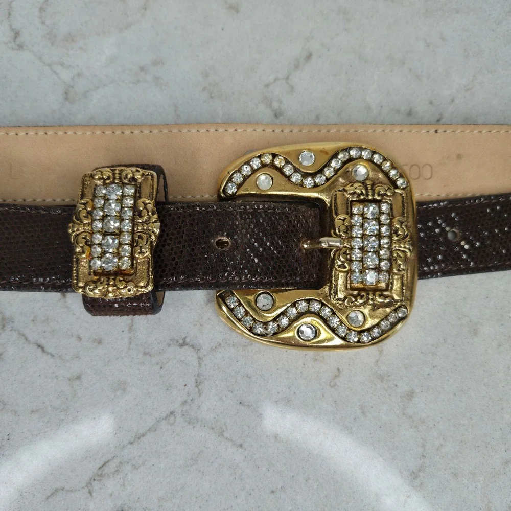 Leatherock Belt Rhinestone Lizard Embossed Large Brown Women